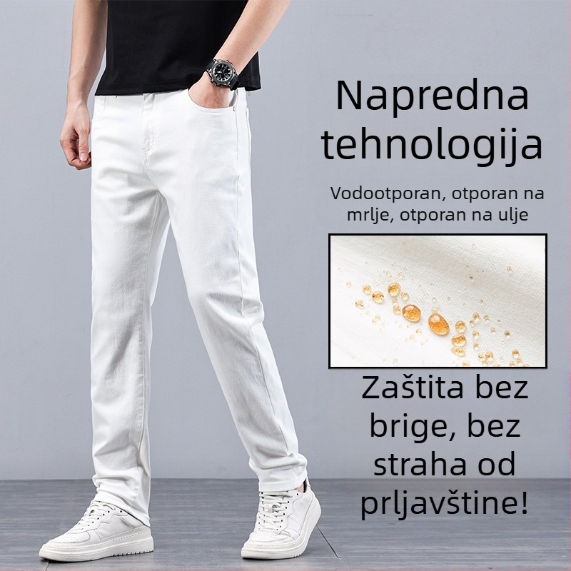 Premium muške traperice s vodootpornim i otporom na mrlje, rastezljive, uski kroj, casual duge hlače bijele boje, 2024 novi model