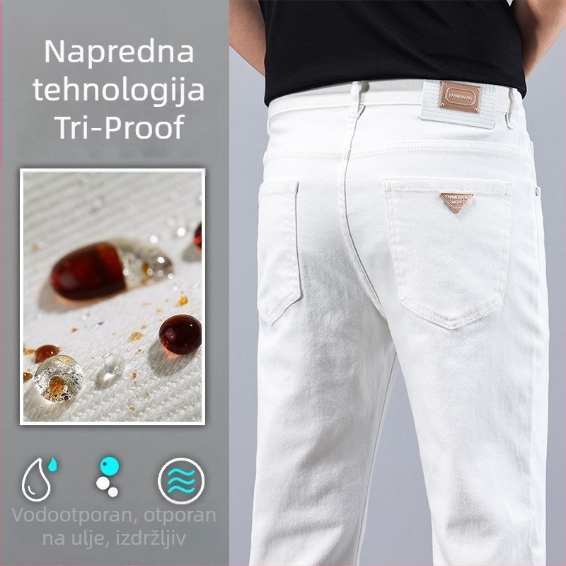 Premium muške traperice s vodootpornim i otporom na mrlje, rastezljive, uski kroj, casual duge hlače bijele boje, 2024 novi model