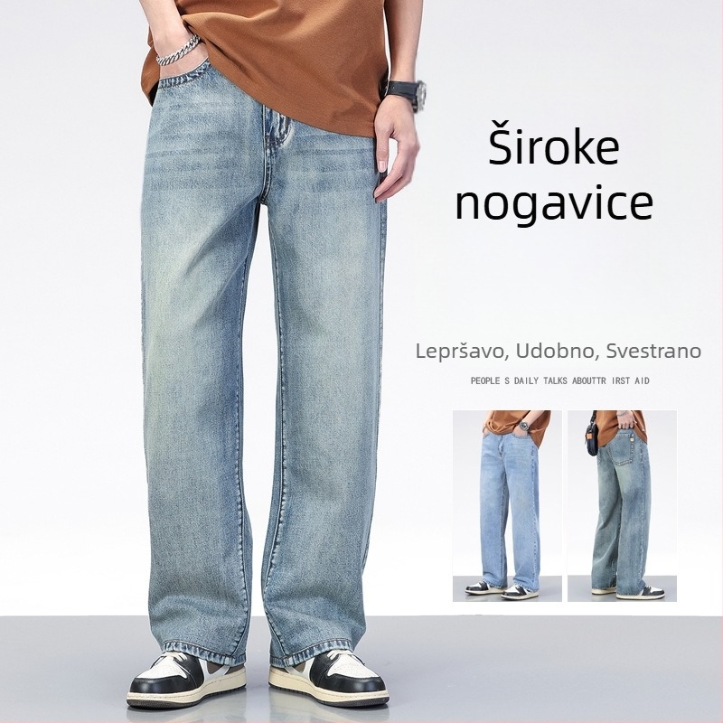 Muške traperice u američkom retro stilu, plave, opuštene ravne krojenje, proljeće-ljeto, casual traperice za svakodnevno nošenje