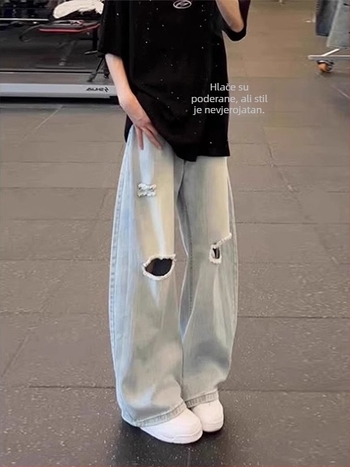 Plave muške traperice s uzorkom bambusa i oštećenjima, lagane za ljeto, bootcut kroj