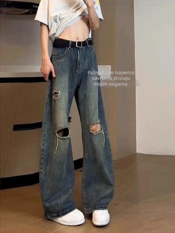 Plave muške traperice s uzorkom bambusa i oštećenjima, lagane za ljeto, bootcut kroj