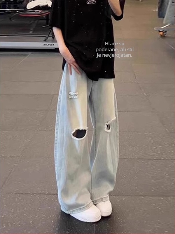 Plave muške traperice s uzorkom bambusa i oštećenjima, lagane za ljeto, bootcut kroj