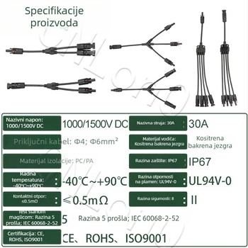 CNLonQcom mc4-Y solarni modul vanjski IP67 vodootporan fotonaponski konektor DC1000V 30A
