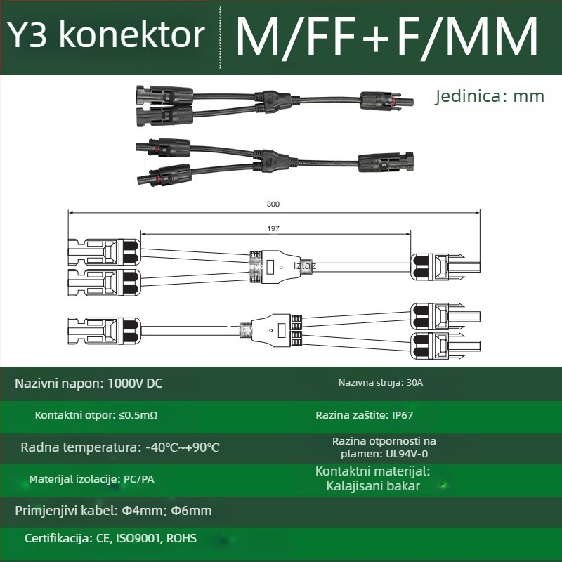 CNLonQcom mc4-Y solarni modul vanjski IP67 vodootporan fotonaponski konektor DC1000V 30A