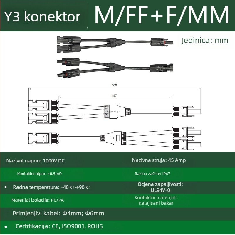 CNLonQcom mc4-Y solarni modul vanjski IP67 vodootporan fotonaponski konektor DC1000V 30A