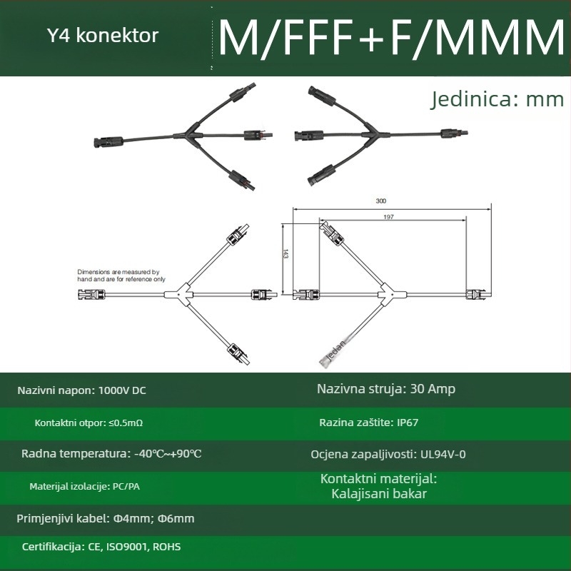 CNLonQcom mc4-Y solarni modul vanjski IP67 vodootporan fotonaponski konektor DC1000V 30A
