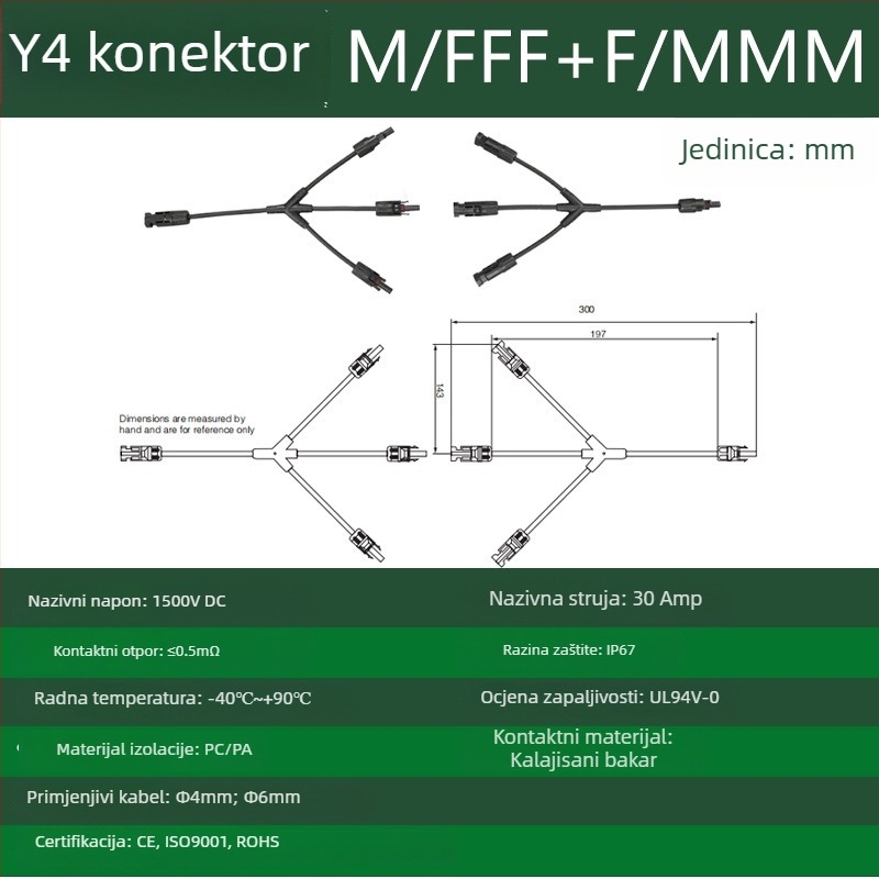 CNLonQcom mc4-Y solarni modul vanjski IP67 vodootporan fotonaponski konektor DC1000V 30A