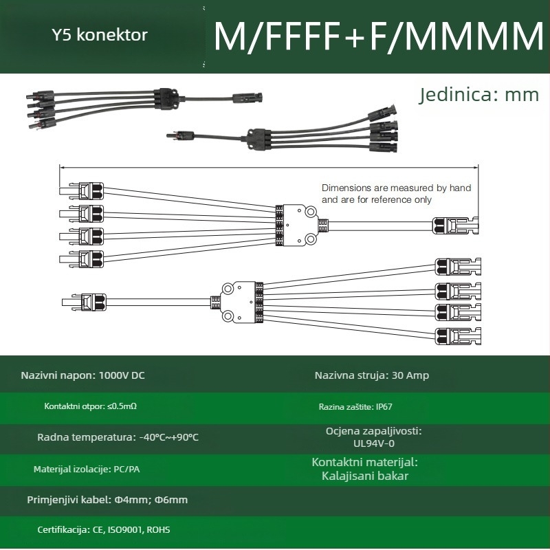 CNLonQcom mc4-Y solarni modul vanjski IP67 vodootporan fotonaponski konektor DC1000V 30A