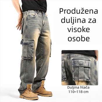 Bald Ding Traperice od denima za muškarce, američki stil, s više džepova, široke nogavice, teška veličina
