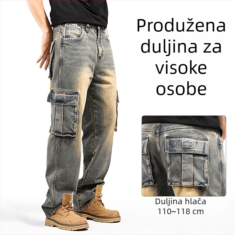 Bald Ding Traperice od denima za muškarce, američki stil, s više džepova, široke nogavice, teška veličina