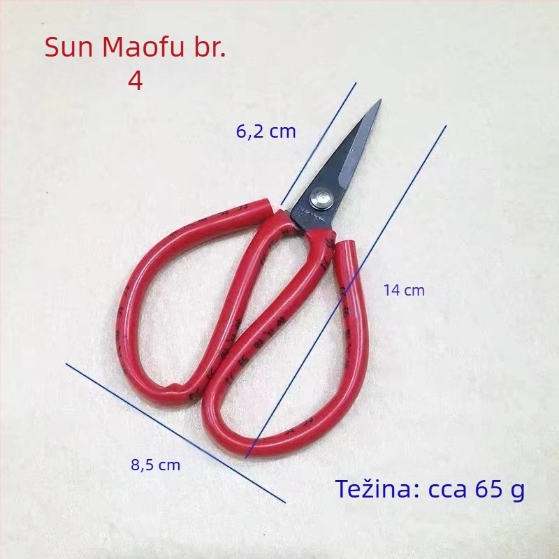 Sun Maofu Crvena drška – Set 1–4: Noževi za kućište, Kućne i industrijske škare, Škare za šivanje i cvijeće, Male škare, 55# čelik, PVC drška, 170 mm
