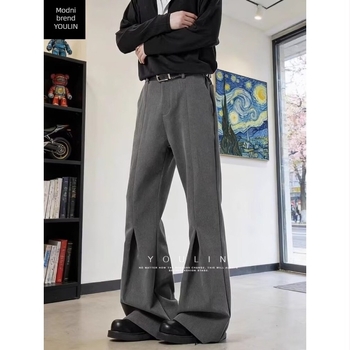 Muške hlače u američkom stilu s širokim krojem i plisiranim dizajnom te elegantnom drapom, ledeno svilen materijal, produžena dužina, ravni kroj za proljeće i ljeto