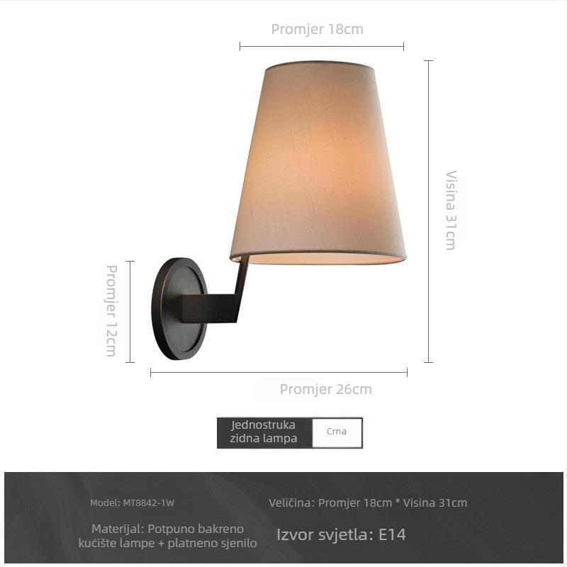 Zidna lampa američko-retro luksuznog stila s bakrenim tijelom i platnenim sjenilom, u novom kineskom stilu – pogodna za dnevni boravak, kupaonicu i spavaću sobu.