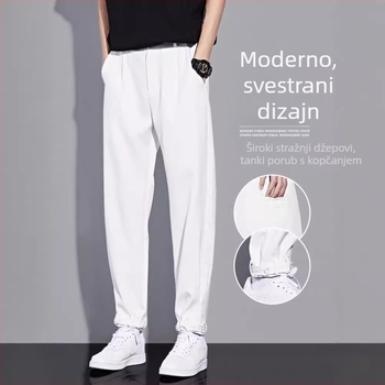 Muške bijele hlače u korejskom stilu, vrhunsko drapiranje, opušten kroj, duge casual hlače za proljeće i jesen