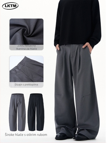 LKTM hlače u američkom stilu, širokog kroja, plisirane, do poda, casual stil inspiriran starim novcem