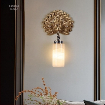 Nova zidna lampa u novom kineskom stilu, jade kamen, potpuno bakrena, dekor s pavom – pogodna za dnevni boravak, hodnik i spavaću sobu