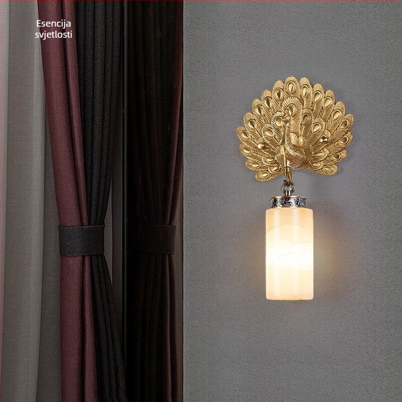 Nova zidna lampa u novom kineskom stilu, jade kamen, potpuno bakrena, dekor s pavom – pogodna za dnevni boravak, hodnik i spavaću sobu