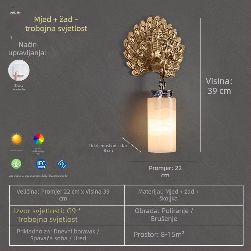 Nova zidna lampa u novom kineskom stilu, jade kamen, potpuno bakrena, dekor s pavom – pogodna za dnevni boravak, hodnik i spavaću sobu