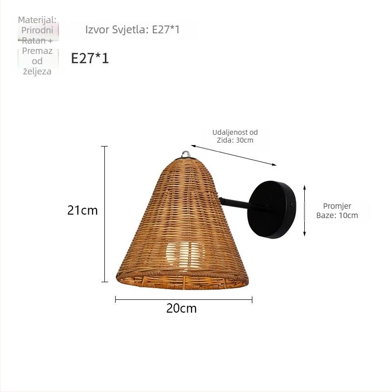 Zidna lampa od ratana u stilu Wabi-Sabi – retro japanski i moderni kineski dizajn za dnevni boravak, spavaću sobu i hodnik, Zen