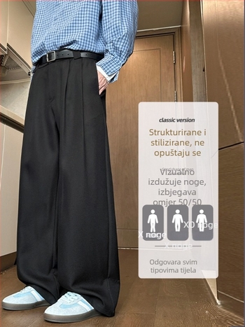 Muške casual hlače od teškog, drapiranog materijala, ravni kroj, za rano jesen, opuštena silueta, univerzalne i laskaju siluetu