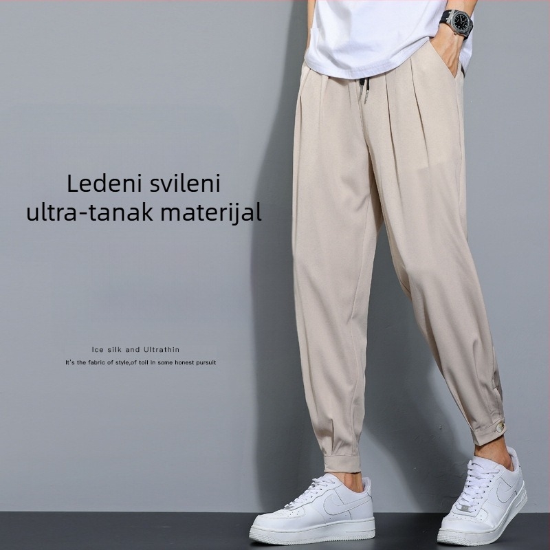 Muške hlače od Ice Silk s drapiranim krojem, široke, lagane ljetne casual hlače, dužina 9/10