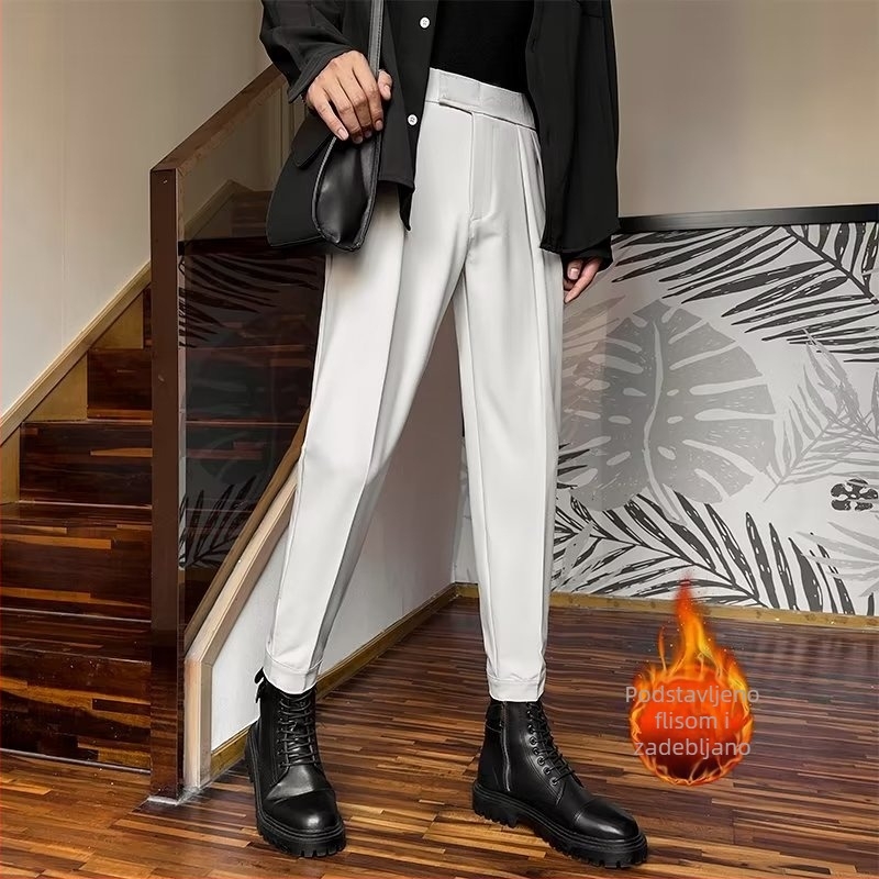 Muške hlače u korejskom stilu za jesen-zimu, fleece podstava, uski kroj, drapirani izgled, svakodnevne duge hlače