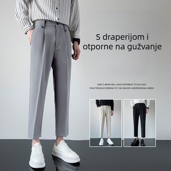 Muške hlače odijela cropped duljine, s draperijom, uski kroj, casual ravne nogavice