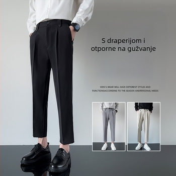 Muške hlače odijela cropped duljine, s draperijom, uski kroj, casual ravne nogavice