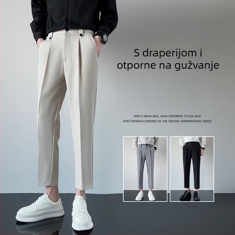 Muške hlače odijela cropped duljine, s draperijom, uski kroj, casual ravne nogavice