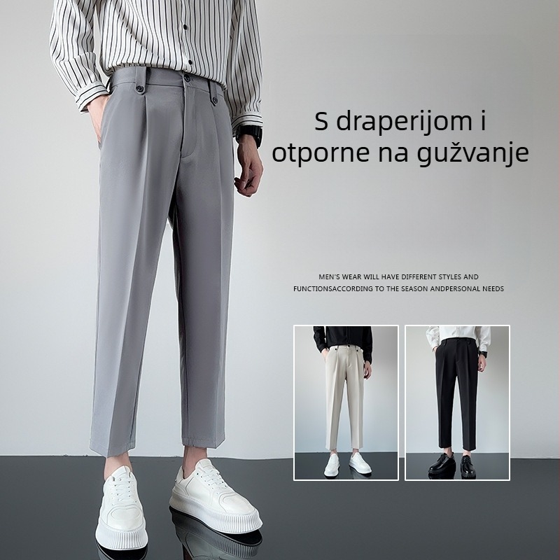 Muške hlače odijela cropped duljine, s draperijom, uski kroj, casual ravne nogavice