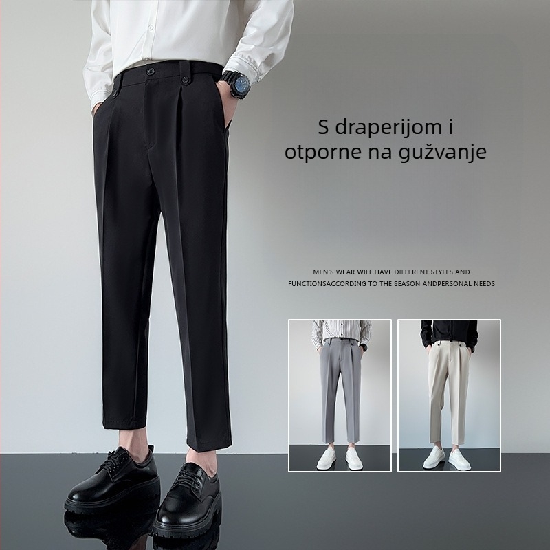 Muške hlače odijela cropped duljine, s draperijom, uski kroj, casual ravne nogavice