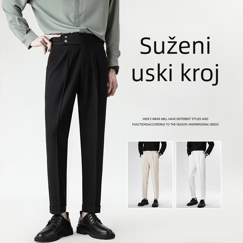 Muške casual hlače visokim strukom i ravnim krojem, Napoli retro draperija, Pariški gumbi, poslovni stil