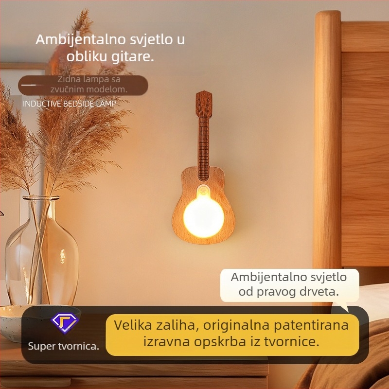 Lampa na zidu u obliku gitare od masivnog drveta, senzor pokreta, punjiva magnetska zidna lampa, dekorativni dodatak spavaćoj sobi i noćna lampica