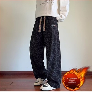 Muške zimske hlače s flis podstavom, tie-dye otisak, plisirane, ravne i široke nogavice, casual street stil, retro dojam