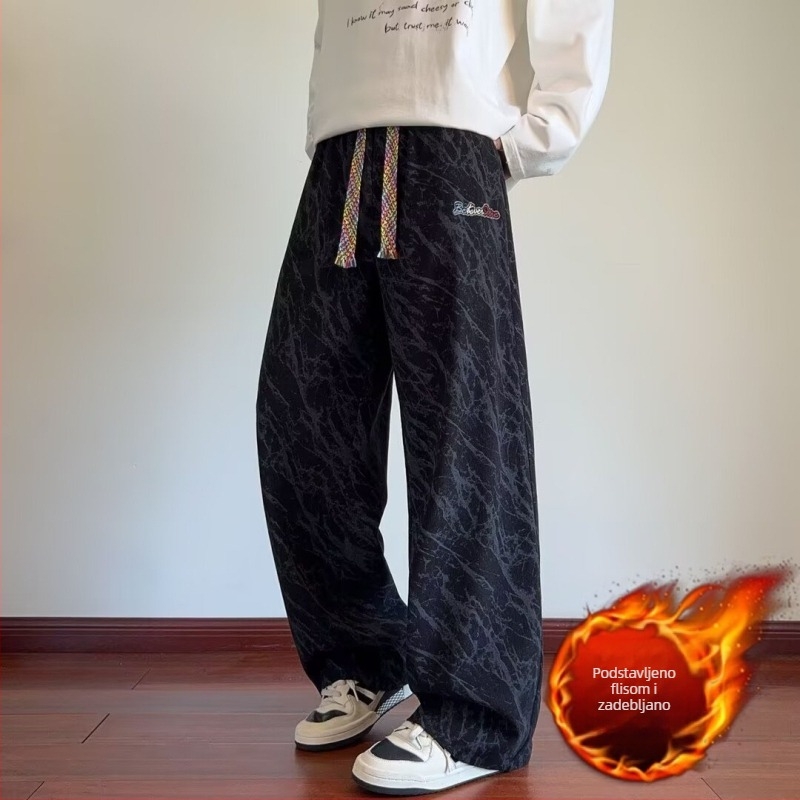 Muške zimske hlače s flis podstavom, tie-dye otisak, plisirane, ravne i široke nogavice, casual street stil, retro dojam