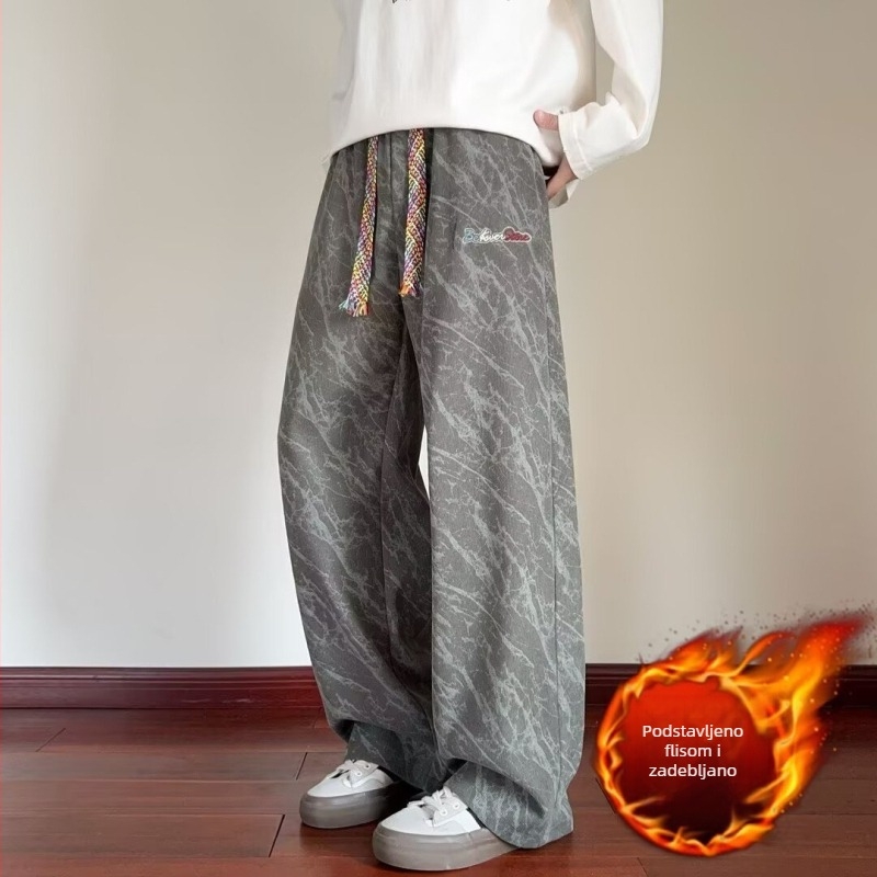 Muške zimske hlače s flis podstavom, tie-dye otisak, plisirane, ravne i široke nogavice, casual street stil, retro dojam