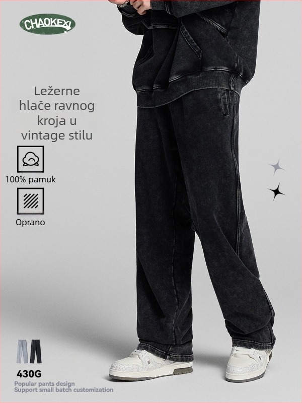 Muške pamučne terry trenirke hlače za jesen/zimu, opuštenog kroja, ravnih nogavica, srednji pojas, jednofarbne