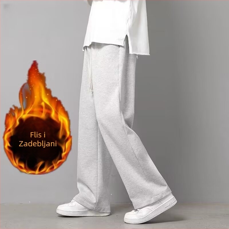 2025 nove muške casual hlače za zimu, opuštenog ravnog kroja, debeli flekse, drapiranog izgleda, široke nogavice, dugačke, trendy