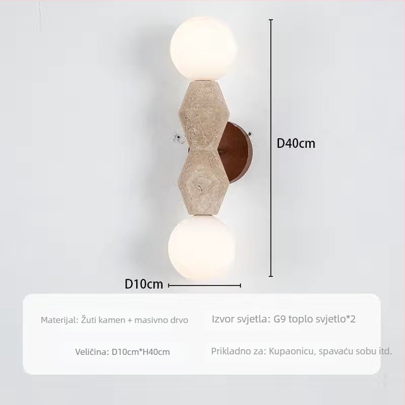 Zidna svjetiljka s kremastim staklenim sjenilom, retro wabi-sabi stil, žuta travertinska baza, pogodna za dnevni boravak, hodnik i spavaću sobu