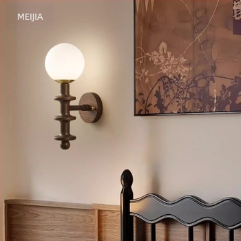 Francuski stil retro zidna lampa od orahovog drveta sa staklenim abažurom za dnevni boravak i spavaću sobu