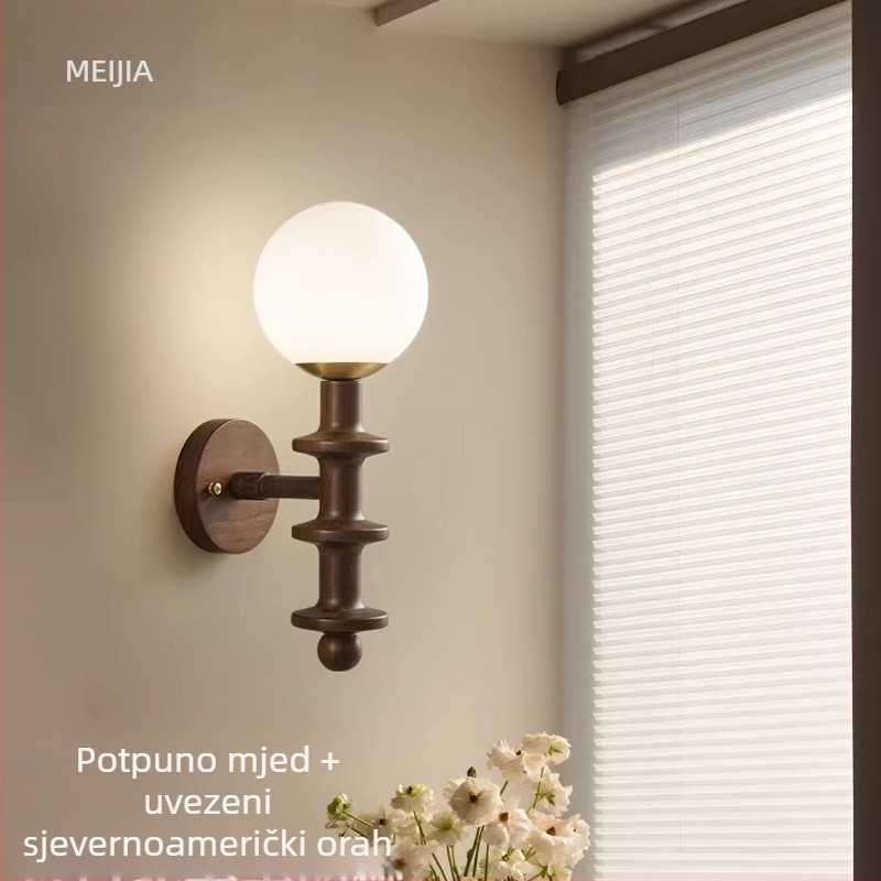 Francuski stil retro zidna lampa od orahovog drveta sa staklenim abažurom za dnevni boravak i spavaću sobu