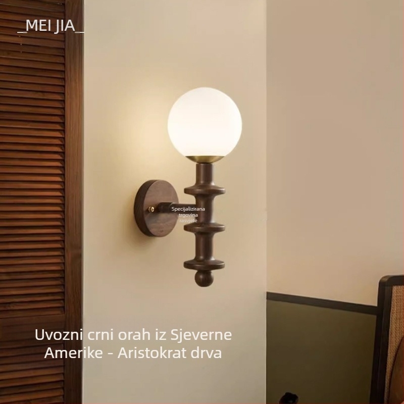 Francuski stil retro zidna lampa od orahovog drveta sa staklenim abažurom za dnevni boravak i spavaću sobu