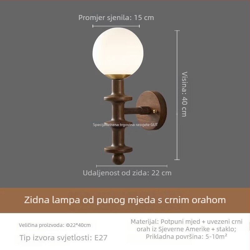 Francuski stil retro zidna lampa od orahovog drveta sa staklenim abažurom za dnevni boravak i spavaću sobu