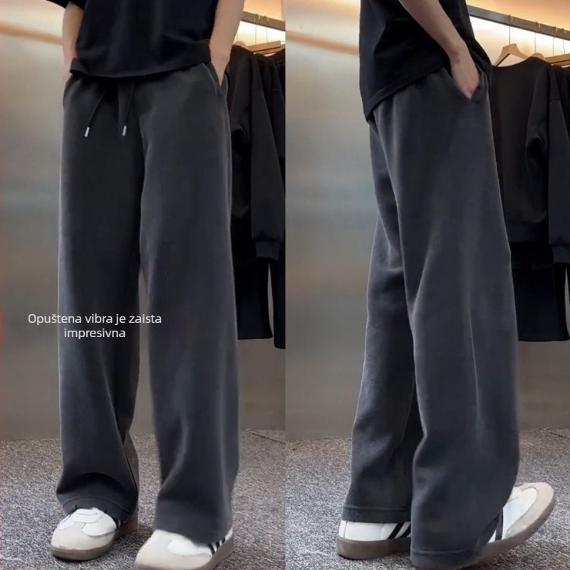 Muške Ba-Style hlače za zimu s fleecem, udoban širokog kroja, sportsko-casual stil, tople, široke nogavice, ravni kroj