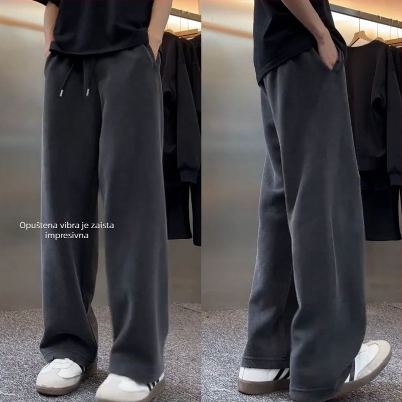 Muške Ba-Style hlače za zimu s fleecem, udoban širokog kroja, sportsko-casual stil, tople, široke nogavice, ravni kroj