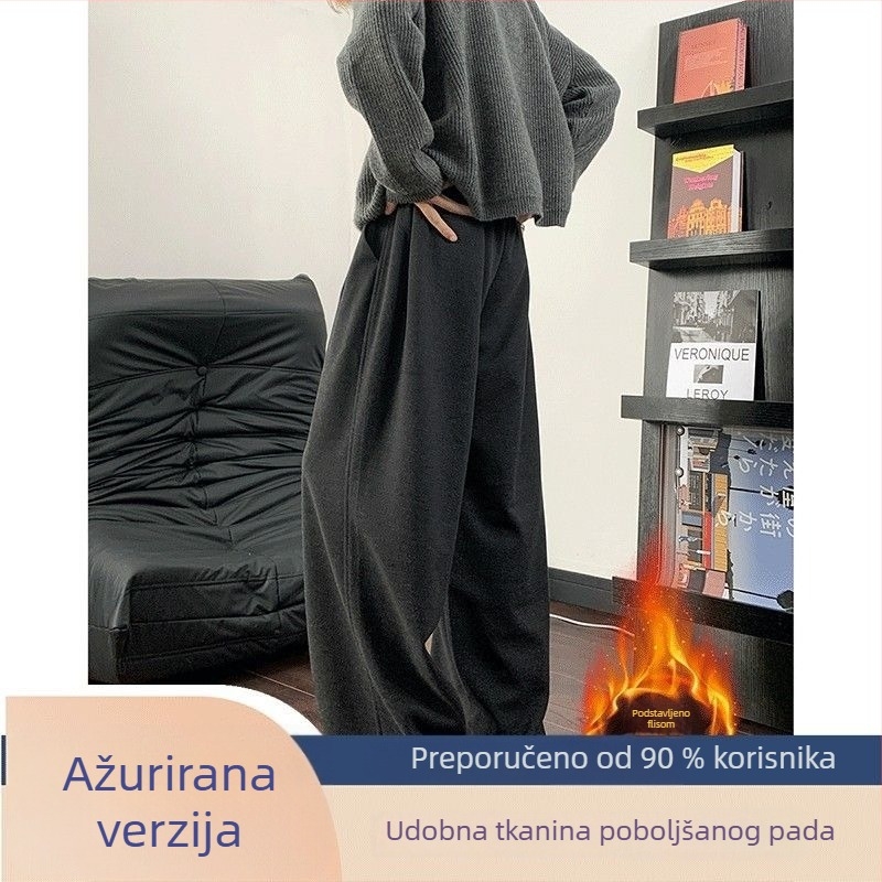 Crne muške trenirke s zakrivljenim rubom, flis-podstavljena, debele i tople, produžene, široke nogavice banana stila za jesen i zimu
