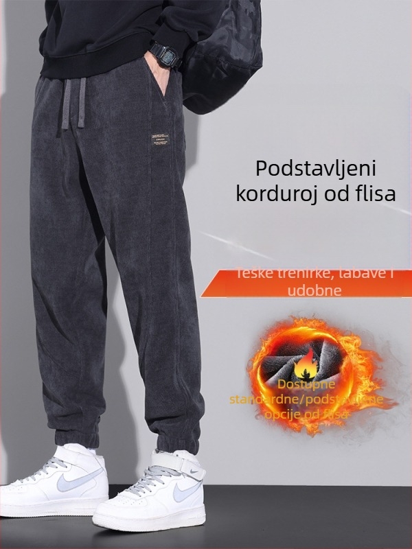 Muške hlače od corduroya s fleece unutarnjom, tople za jesen-zimu, casual