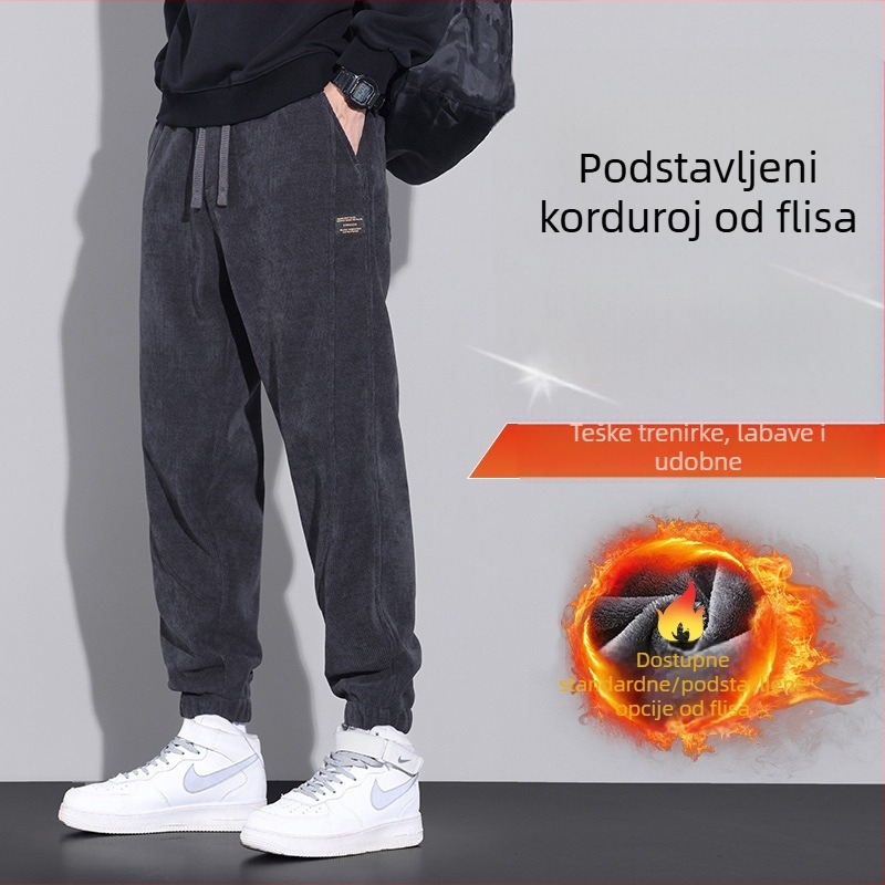 Muške hlače od corduroya s fleece unutarnjom, tople za jesen-zimu, casual