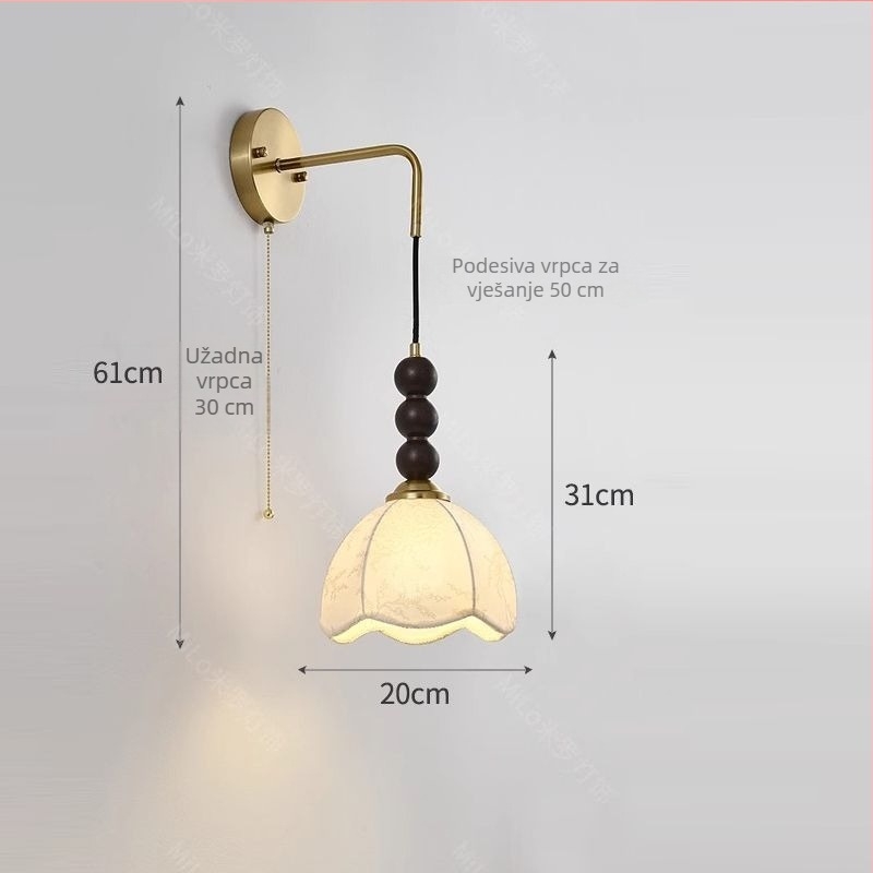 Zidna lampa za noćni ormarić, vintage stil Nanyang, prekidač povlačenjem, tekstilni sjenilo, punjiva