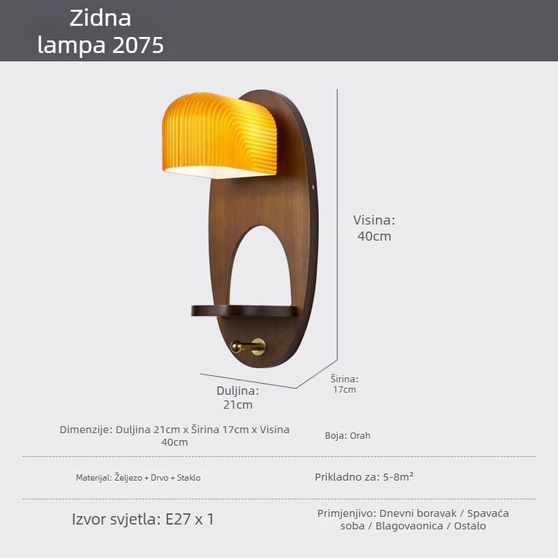 Zidna svjetiljka s staklenim sjenilom i drvenim tijelom, srednjovjekovni stil za dnevnu sobu i spavaću sobu